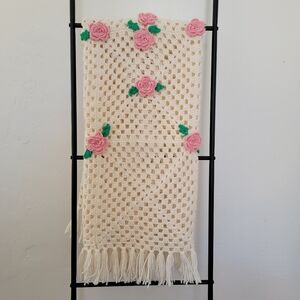 Handmade Crochet Throw Blanket Cream With Pink Roses Rosettes Cottage Floral